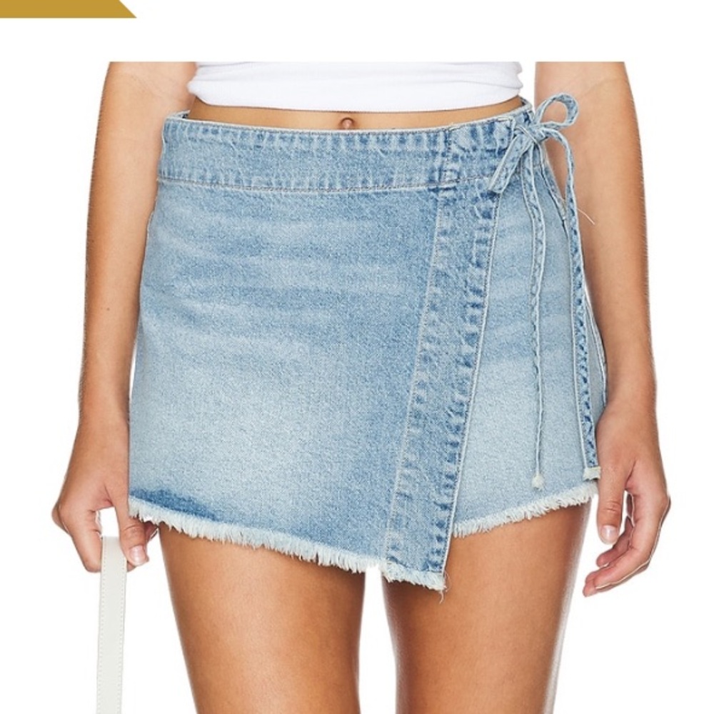Emmy Denim High Waisted Asymmetric Raw Hem Tie Side Mini Skort